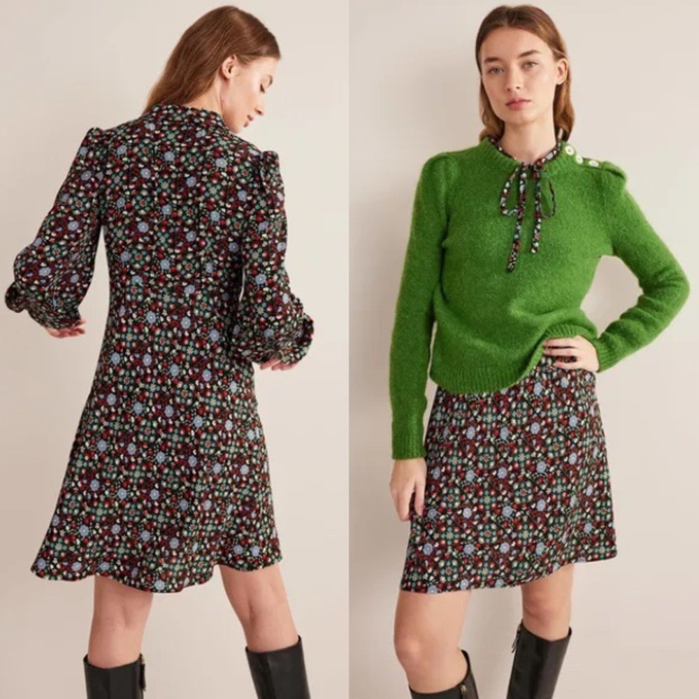 NWT Boden Tie Neck Shirt Dress Gardenia Floral Black Long Balloon Sleeves US 4 R